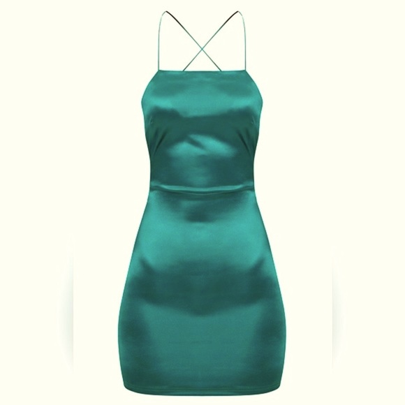 Pretty Little Things - Emerald Green High Neck Strappy Back Bodycon Dress - Picture 1 of 12